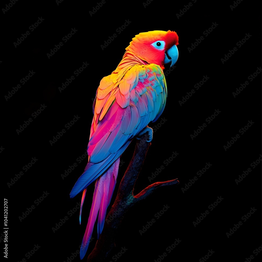 A Neon Parrot with Brightly Glowing Plumage Perched on a Branch Against a Black Background