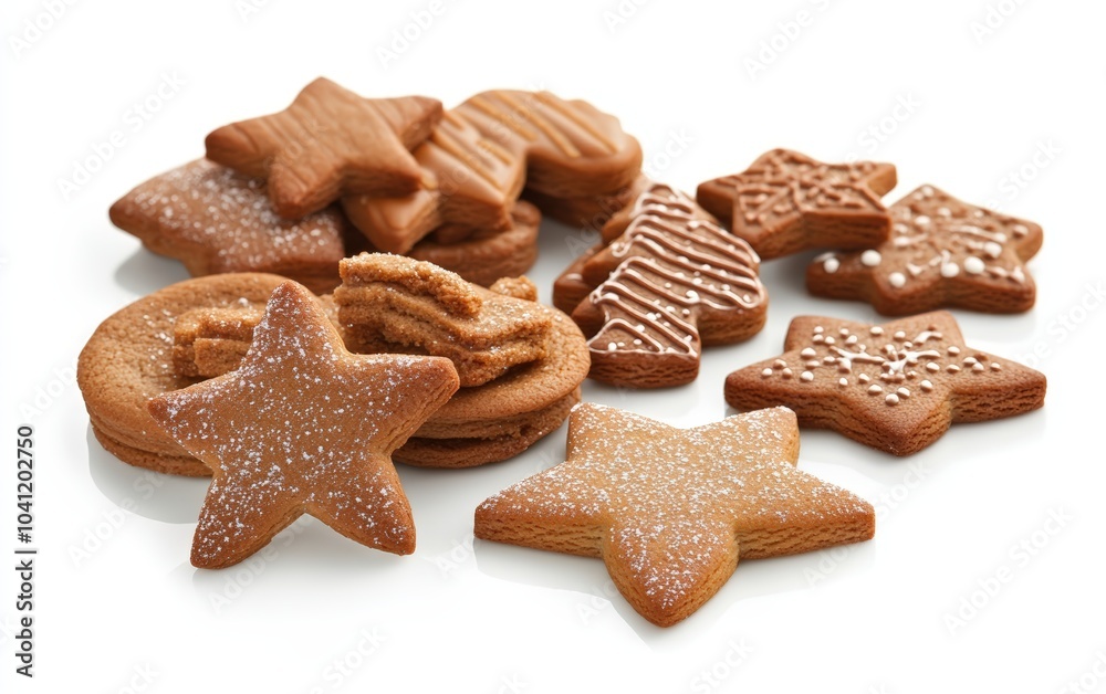 Christmas cookies in various festive shapes like stars, trees, and gingerbread men. Professional stock photo on white background 