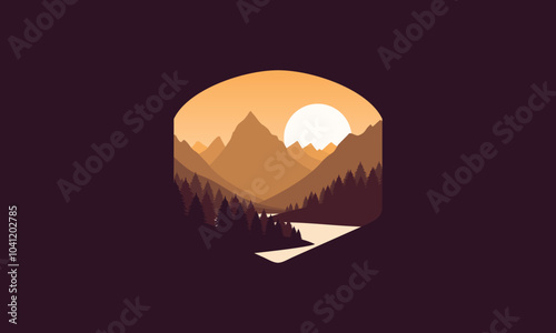 Landscape badge flat vector design illustration of mountains, calm river and silhouettes of pine trees, soft orange gradations layered