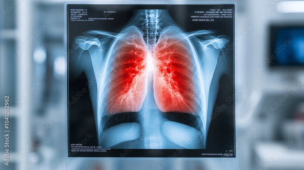 X-ray image displaying human lungs with highlighted areas indicating inflammation or infection, set against a clinical background.