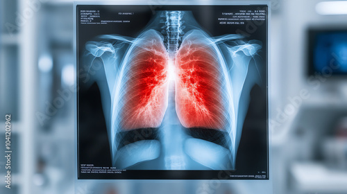 Obraz na płótnie X-ray image displaying human lungs with highlighted areas indicating inflammation or infection, set against a clinical background. w salonie