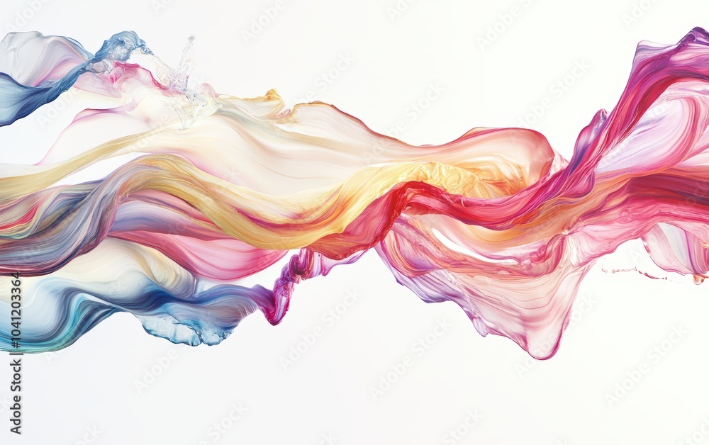 Smooth, vibrant ribbons of colored liquid paint flowing gracefully through the air, forming intricate, fluid patterns against a pristine white background. Smooth, vibrant ribbons of colored liquid paint flowing gracefully through the air, forming intricate, fluid patterns against a pristine white background.