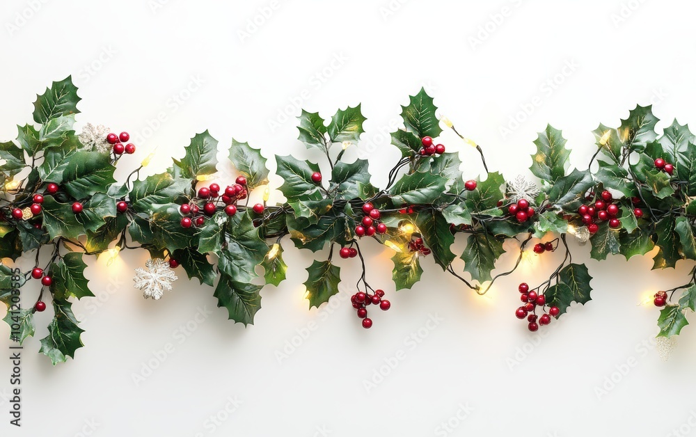 A beautifully decorated Christmas garland with holly, berries, and fairy lights. Professional stock photo on white background A beautifully decorated Christmas garland with holly, berries, and fairy lights. Professional stock photo on white background