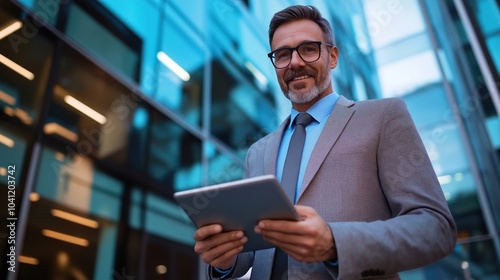 Confident business man in glasses and suit using tablet outdoors with modern office building in background. Concept of professional success, technology, and business lifestyle.