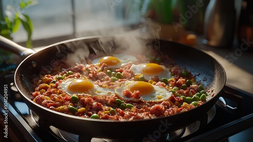 In a cast iron pan, bacon and eggs for breakfast while camping. In the woods, a skillet of fried eggs and bacon. aliments in the camp. bacon and eggs scrambled, on fire. Picnic