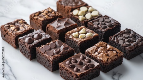 Assorted chocolate brownies featuring chocolate chips elegantly arranged on a marble surface embodying a gourmet dessert theme