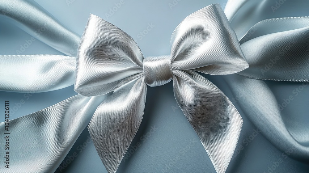 A polished silver bow is perfectly tied on a sleek complementary silver backdrop exuding elegance and sophistication