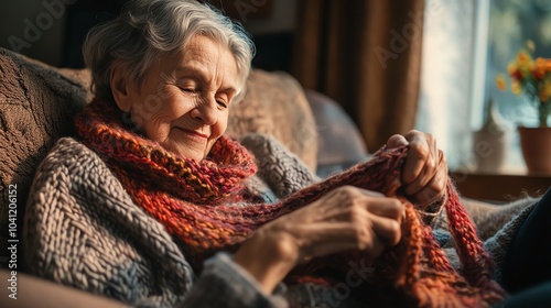 An older woman is sitting on a couch, wrapped in a pink and yellow blanket, and smiling.