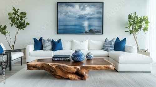 Modern living room with white sectional sofa, blue accents, and wooden coffee table photo