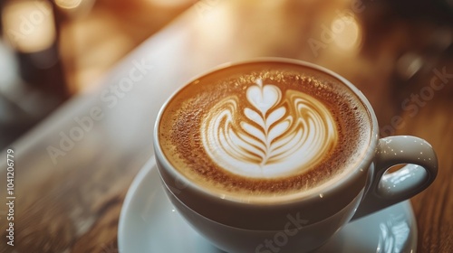 Close Up Hot Coffee Latte Art On Wooden Table