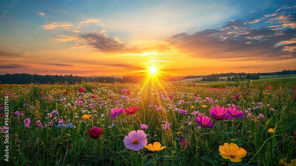 Radiant Sunrise Over Colorful Flower Field Representing Renewal and Fresh Beginnings Radiant Sunrise Over Colorful Flower Field Representing Renewal and Fresh Beginnings