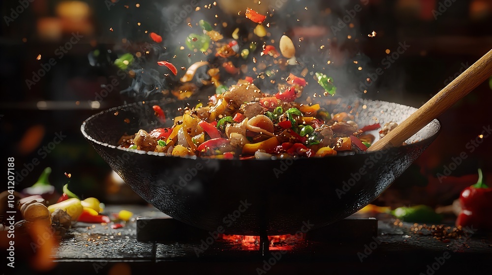 Sizzling stir-fry with vibrant vegetables creating a fiery display in a wok Sizzling stir-fry with vibrant vegetables creating a fiery display in a wok