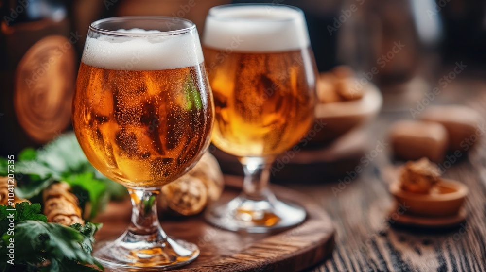 Two Glasses of Beer on Wooden Table Two Glasses of Beer on Wooden Table
