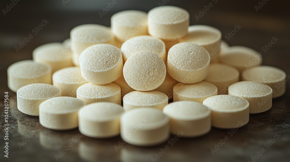 Cluster of round white tablets stacked on a surface, showcasing their uniform shape and texture in a close-up setting Cluster of round white tablets stacked on a surface, showcasing their uniform shape and texture in a close-up setting