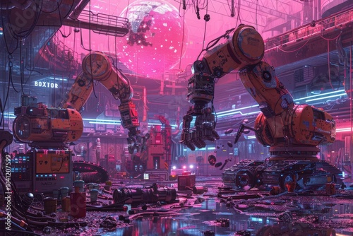 Illustrate a robot repair shop on a Mars base