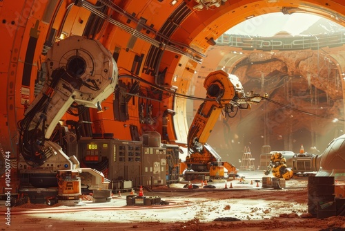 Illustrate a robot repair shop on a Mars base