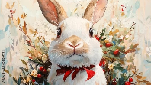 Christmas Bunny.  Generated video.  An animation of a Christmas bunny with holiday plants and berries.