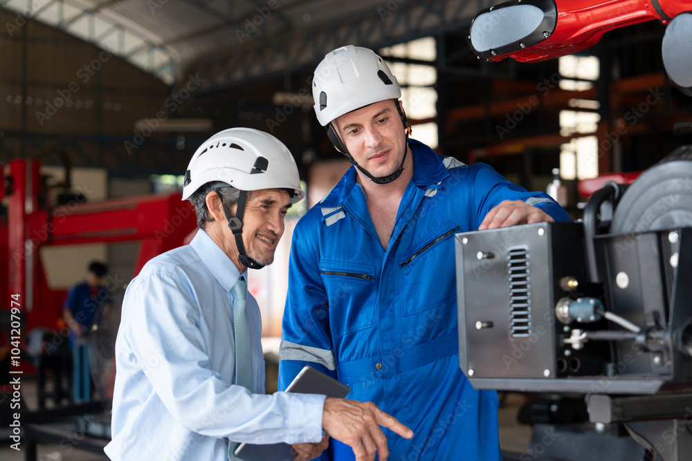 factory workers in maintenance robot machine,senior man expert manager using tablet computer giving advice young male caucasian technician in small industry factory workers in maintenance robot machine,senior man expert manager using tablet computer giving advice young male caucasian technician in small industry
