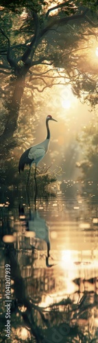 Illustrate a serene pond scene at dawn, featuring a graceful crane mirrored in the glimmering water, captured with realistic digital rendering for a surreal effect