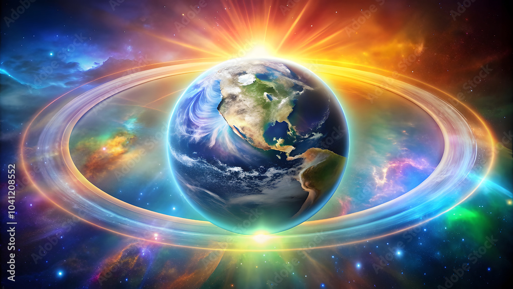Earth Suspended in Shimmering Halo with Intertwined Colors. Perfect for: Earth Day, diversity festivals, spiritual awakening events Earth Suspended in Shimmering Halo with Intertwined Colors. Perfect for: Earth Day, diversity festivals, spiritual awakening events