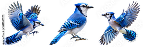 Set of A vibrant blue jay bird, captured both perched and in flight, showcasing its striking blue feathers and detailed wing patterns on transparent background.