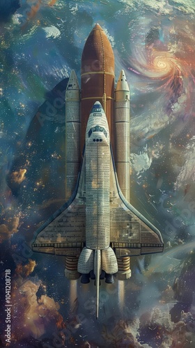 Illustrate a utopian space shuttle resembling a giant open book
