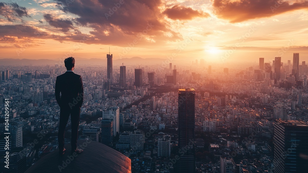 Man Looking Over Cityscape at Sunset Man Looking Over Cityscape at Sunset