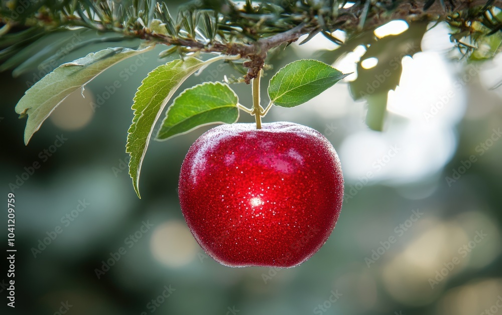 Obraz premium A Christmas ornament resembling a bright red apple with a green leaf, hanging from a Christmas tree branch.