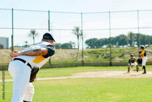 Canvas Print Man, baseball or pitcher with throw for sports, point or match in tournament or outdoor game