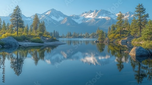 Serene lake reflecting majestic mountains and lush greenery.