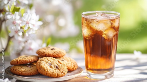 Homemade cookies accompanied by a refreshing glass of iced tea set against a bright spring backdrop