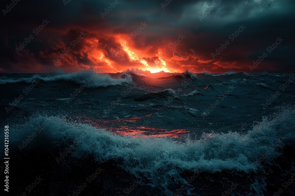 Fototapeta premium Fiery Sunset Over a Stormy Sea