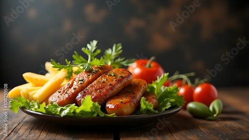 Hamburger, French fries on dark background