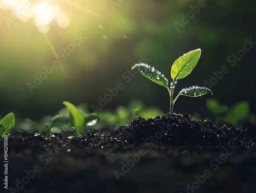 Sapling Emerging from Soil with Dew Kissed Leaves Representing New Beginnings and Growth Potential