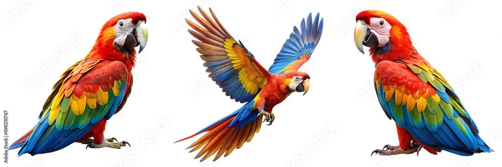 Fototapeta premium Set of A striking parrot with multicolored feathers captured in both flight and perched. Ideal for wildlife, nature, and exotic bird photography on transparent background