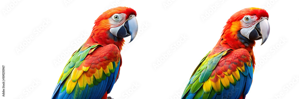 Obraz premium Set of A striking parrot with multicolored feathers captured in both flight and perched. Ideal for wildlife, nature, and exotic bird photography on transparent background