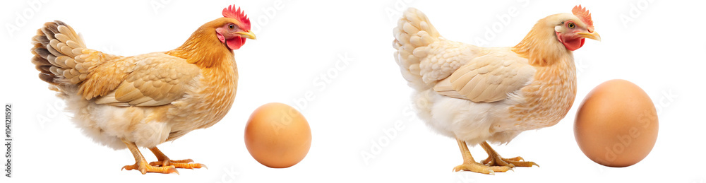 Fototapeta premium Set of Chickens in a farm setting, one with a single egg and a group with multiple eggs, Ideal for agriculture, farming, and food industry themes on transparent background