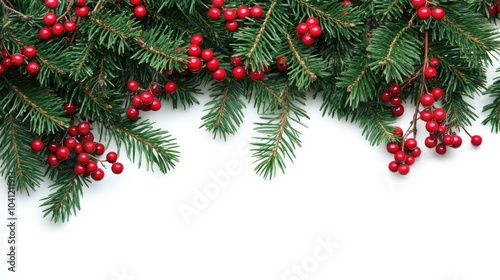 Realistic border of Christmas tree branches adorned with red berries Ideal for Christmas flyers and party posters