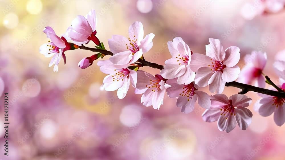Pink cherry blossoms bloom on a branch in springtime Pink cherry blossoms bloom on a branch in springtime