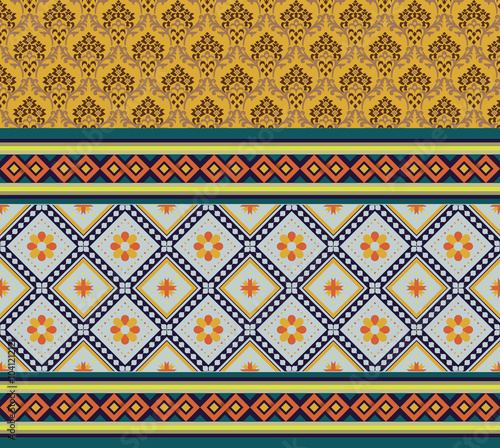 Ethnic boho pattern with flowers in bright colors. Design for carpet, wallpaper, clothing, wrapping, batik, fabric, Vector illustration embroidery style in Ethnic themes.