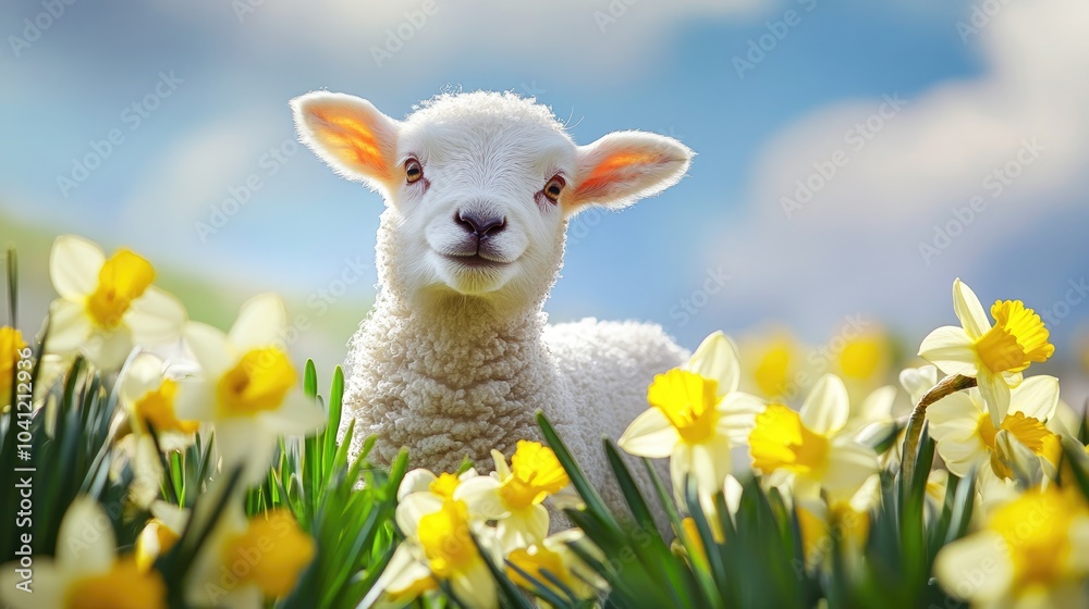 Adorable lamb among blooming daffodils in a vibrant spring meadow Adorable lamb among blooming daffodils in a vibrant spring meadow