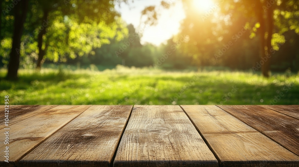 Wooden table product display concept set against a blurred green meadow with trees featuring a bokeh background that evokes a summer ambiance Wooden table product display concept set against a blurred green meadow with trees featuring a bokeh background that evokes a summer ambiance