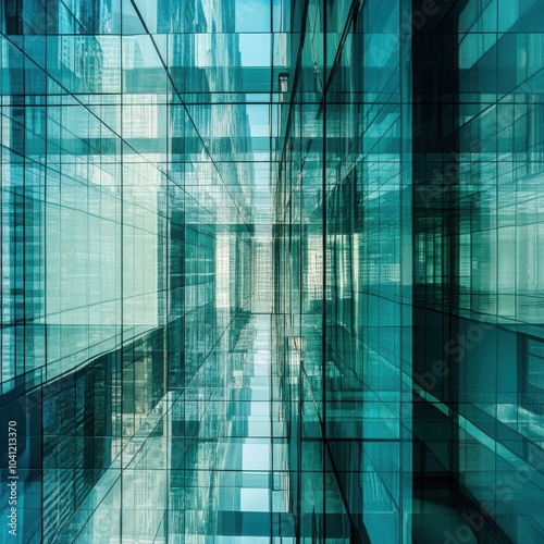 An abstract composition of intersecting glass grids with reflections of the skyline, high detail