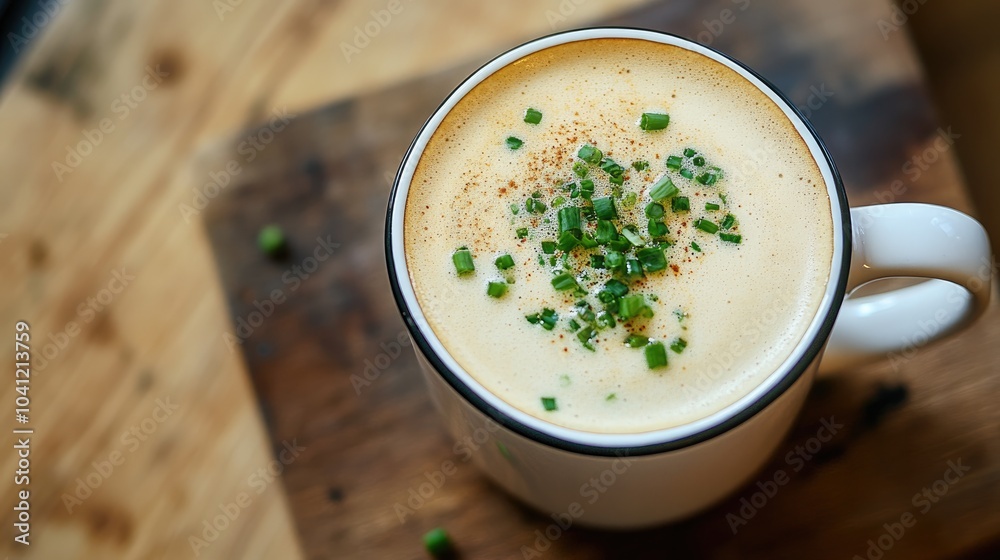 Scallion latte with finely chopped green onions in a creamy coffee blend Scallion latte with finely chopped green onions in a creamy coffee blend