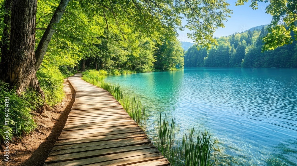 Obraz premium A wooden pathway leads to a serene lake surrounded by lush greenery showcasing a tranquil summer landscape with clear blue waters