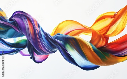 Smooth, vibrant ribbons of colored liquid paint flowing gracefully through the air, forming intricate, fluid patterns against a pristine white background. 