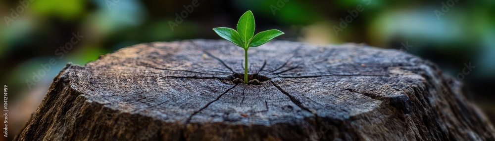 A small green plant sprouts from the center of a tree stump, symbolizing new growth and resilience in nature. A small green plant sprouts from the center of a tree stump, symbolizing new growth and resilience in nature.
