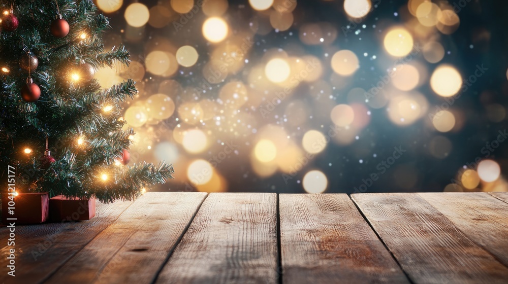 Wooden table adorned with a Christmas tree and a background of bokeh lights Wooden table adorned with a Christmas tree and a background of bokeh lights