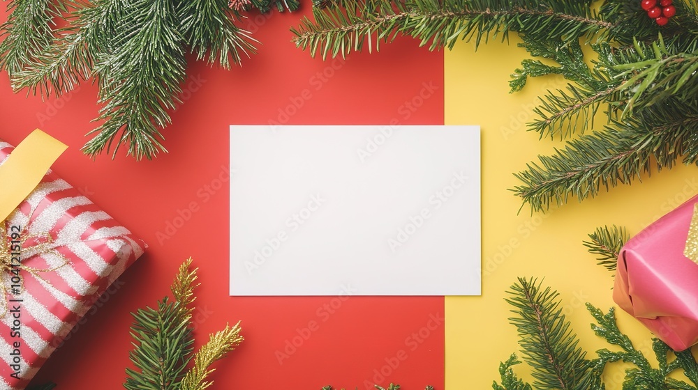 Holiday-themed frame with gifts and greenery on red Holiday-themed frame with gifts and greenery on red