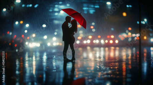 Two people sharing a kiss in the rain under a red umbrella, reflections of city lights in puddles, moody atmosphere, romantic, love captured in a moment